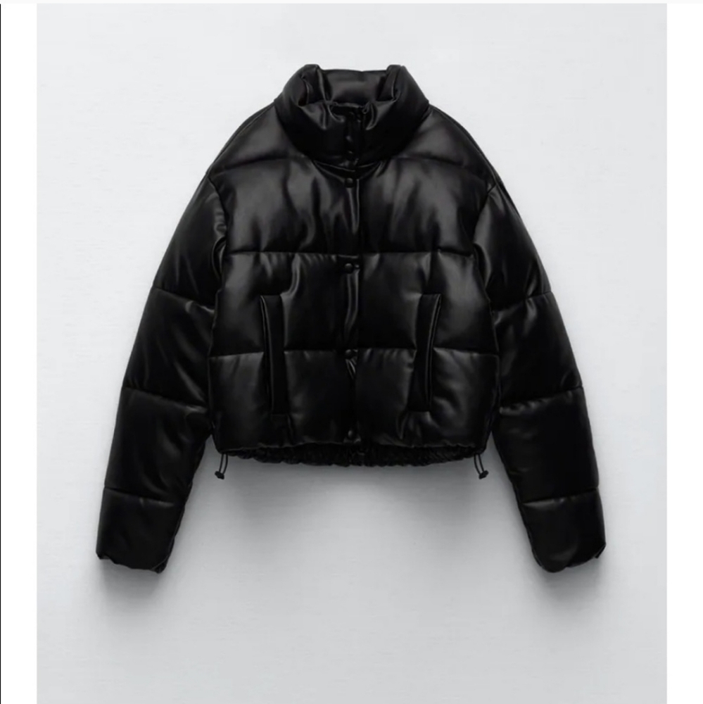 NW ZARA BLACK FAUX LEATHER PUFFER JACKET - Picture 10 of 14